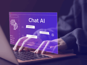 Asistentes conversacionales con IA transformando procesos empresariales en oficina moderna con dashboard inteligente y equipos colaborativos