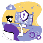 Ilustración de profesional trabajando frente a un computador protegido con candado digital, representando el cumplimiento de la Ley 21.719 de Protección de Datos en entornos empresariales.