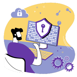 Ilustración de profesional trabajando frente a un computador protegido con candado digital, representando el cumplimiento de la Ley 21.719 de Protección de Datos en entornos empresariales.