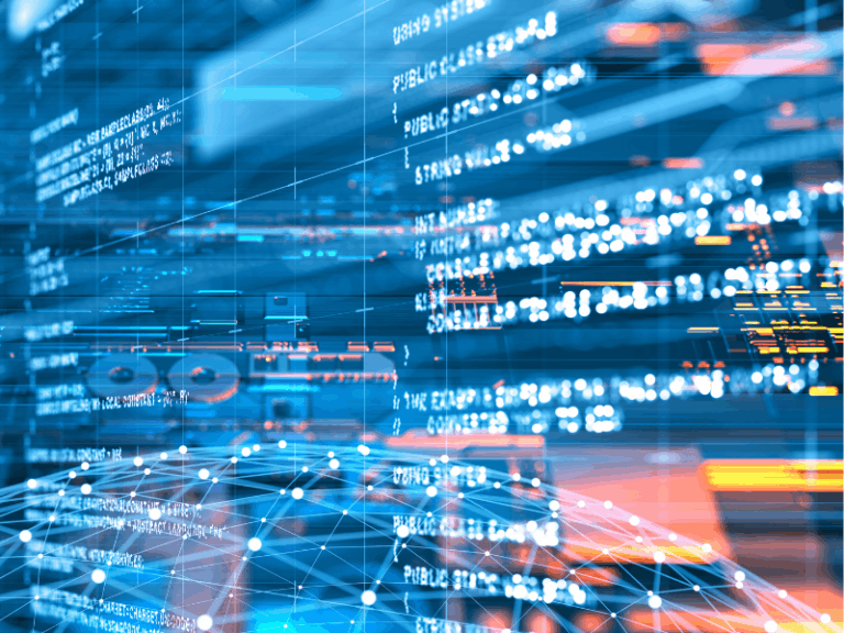 Visualización de datos distribuidos con conexiones de red y flujos de información digitales, ilustrando arquitecturas tecnológicas empresariales complejas