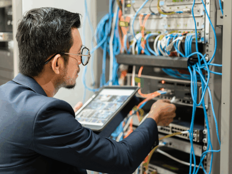 Especialista TI gestionando infraestructura de servidores en centro de datos con tablet, ejemplificando servicios outsourcing para recuperación de desastres