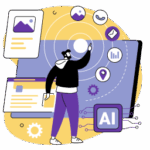 Ilustración de persona interactuando con elementos digitales y un módulo de IA, representando una célula de desarrollo que integra inteligencia artificial aplicada en soluciones tecnológicas.