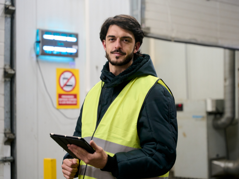 Trabajador de terreno usando tablet digital para inspecciones y registros operativos Chile