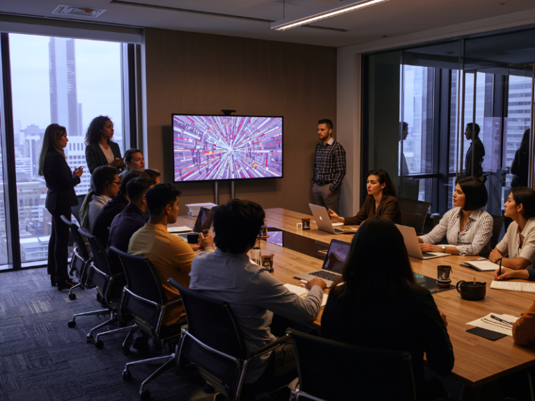 Equipo empresarial analizando resultados de optimización de aplicaciones en sala de reuniones corporativa