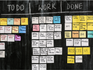 Tablero kanban físico con columnas de pendiente, en proceso y completado: gestión visual de tareas en equipo ágil