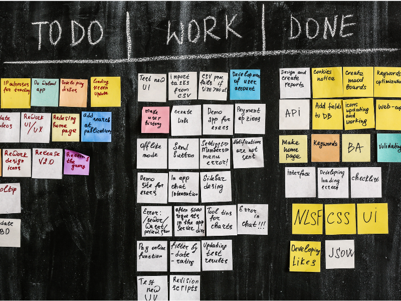 Tablero kanban físico con columnas de pendiente, en proceso y completado: gestión visual de tareas en equipo ágil