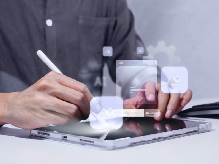 Manos usando stylus en tablet con interfaz de inteligencia artificial generativa: adopción de IA en flujos de trabajo empresarial