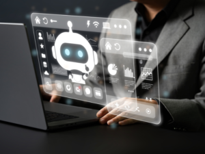 Ejecutivo interactuando con interfaz holografica de asistente de inteligencia artificial en la empresa