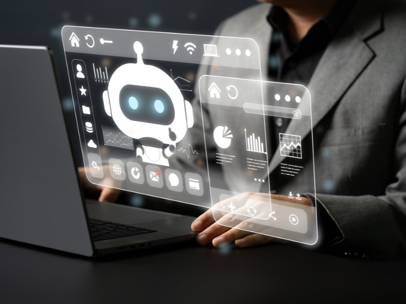 Ejecutivo interactuando con interfaz holografica de asistente de inteligencia artificial en la empresa