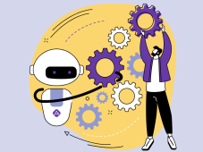 Persona ensamblando engranajes junto a un robot, representando la automatización de procesos