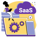 Persona trabajando en un laptop junto a un ícono de nube SaaS y servidores, representando una solución ya construida