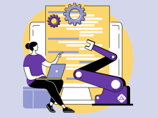 Persona programando frente a una pantalla de código, con un brazo robótico asistiendo