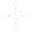Ícono lineal de persona conectada a múltiples indicadores, representando análisis asistido por IA y decisiones predictivas.