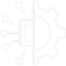 Ícono lineal de engranaje conectado a circuitos, representando automatización inteligente y orquestación entre sistemas.