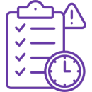Ícono lineal de checklist con reloj que representa backlogs detenidos y tareas que no avanzan.