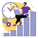 Ilustración de persona trabajando sobre barras de capacidad con un reloj, representando capacidad mensual fija y resultados desde el primer mes.