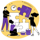 Ilustración de un equipo ensamblando piezas de rompecabezas, representando una célula estable que avanza múltiples proyectos en paralelo.