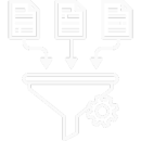 Ícono lineal de embudo con documentos y engranaje, representando enriquecimiento de datos y búsqueda semántica corporativa.