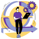 Ilustración de persona interactuando con un ciclo de entrega continuo y engranajes, representando sprints quincenales y entregas verificables sin burocracia.