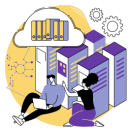 Ilustración de personas manipulando componentes y un servidor complejo, representando entrenamientos de modelos propios, MLOps avanzados y migraciones masivas fuera de alcance.