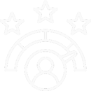 Ícono lineal de persona con estrellas y velocímetro, representando procesos de onboarding y evaluación automática de calidad.
