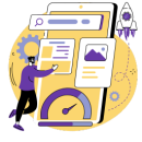 Ilustración de persona gestionando un panel de tareas con engranajes y un cohete, representando microservicios, automatización e integración de IA.