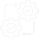 Ícono lineal de dos engranajes con flechas, representando integraciones de IA listas para producción.