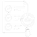 Ícono lineal de checklist con lupa, representando supervisión técnica y control de calidad en soluciones con IA.