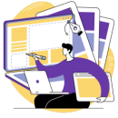 Ilustración de una persona creando contenido en múltiples pantallas, simboliza la generación automatizada de documentos de recursos humanos e internos como contratos, anexos o certificados con DocJet.app