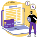 Ilustración de laptop con factura digital, tarjeta y persona con tablet, representa la emisión automatizada de documentos hacia clientes o proveedores mediante DocJet.app