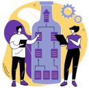 Ilustración de operadores inspeccionando maquinaria y registrando hallazgos en un sistema digital.