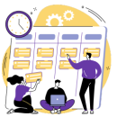 Ilustración de un equipo gestionando tareas en un tablero digital, representando trazabilidad y cumplimiento operativo.