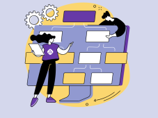 Dos personas construyendo un diagrama de flujo conectado en una pantalla